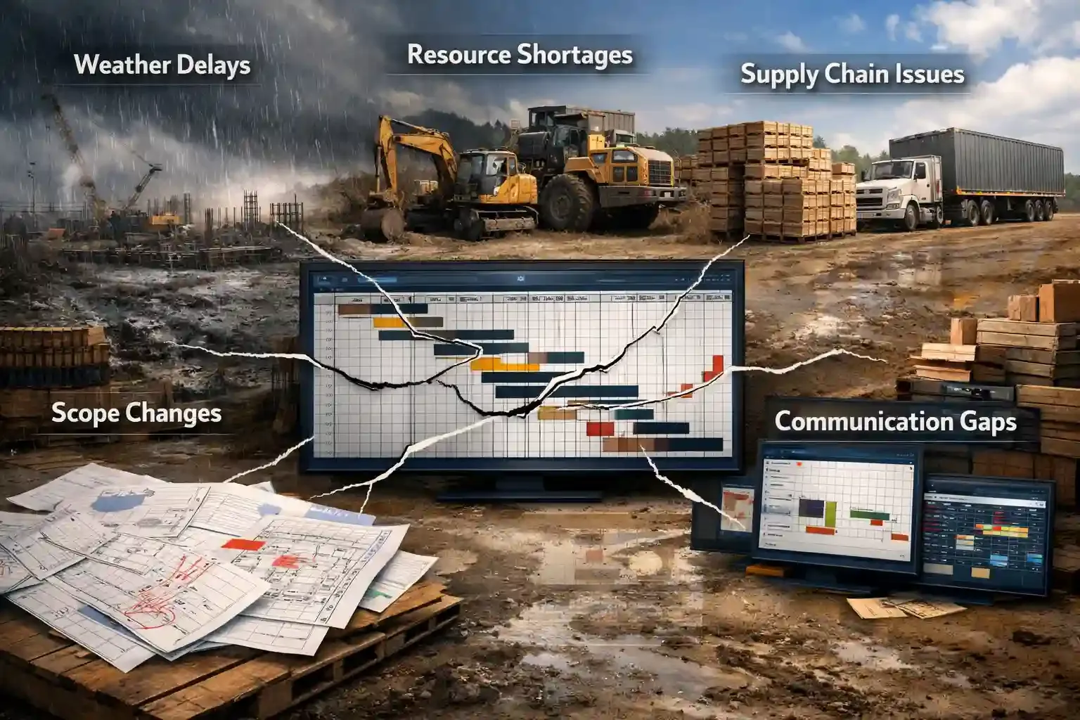 Construction site showing scheduling delays from weather, resources, supply